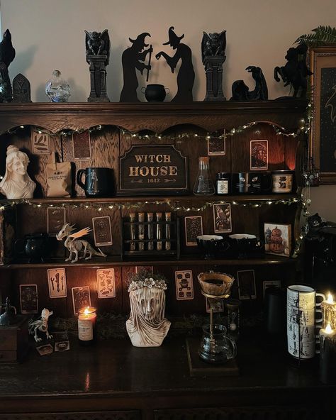 The Halloween coffee bar is here! #spookyseason #spookyszn #coffeebar #coffeebardecor Horror Themed Coffee Shop, Goth Coffee Bar, Halloween Coffee Bar, Lizzie Borden, Halloween Coffee, Witch House, Victorian Gothic, Coffee Bar, Big Day