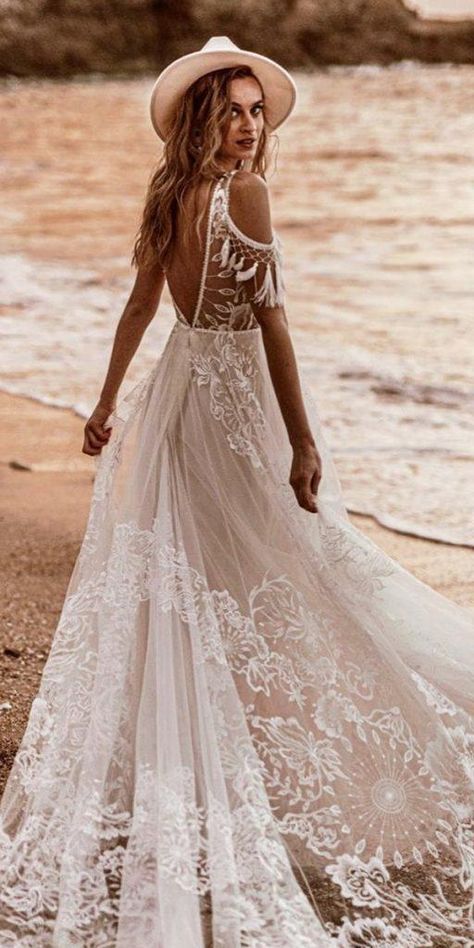 Lace Boho Wedding Dresses To Inspire You ★ #bridalgown #weddingdress Bohemian Beach Wedding Dress Vintage Inspired, Boho Beach Bride, Wedding Dress Over 40, Wedding Dresses Vintage Bohemian, Boho Wedding Shoes, Boho Wedding Dress Bohemian, Boho Chic Wedding Dress, Vintage Wedding Dress Boho, Plain Wedding Dress