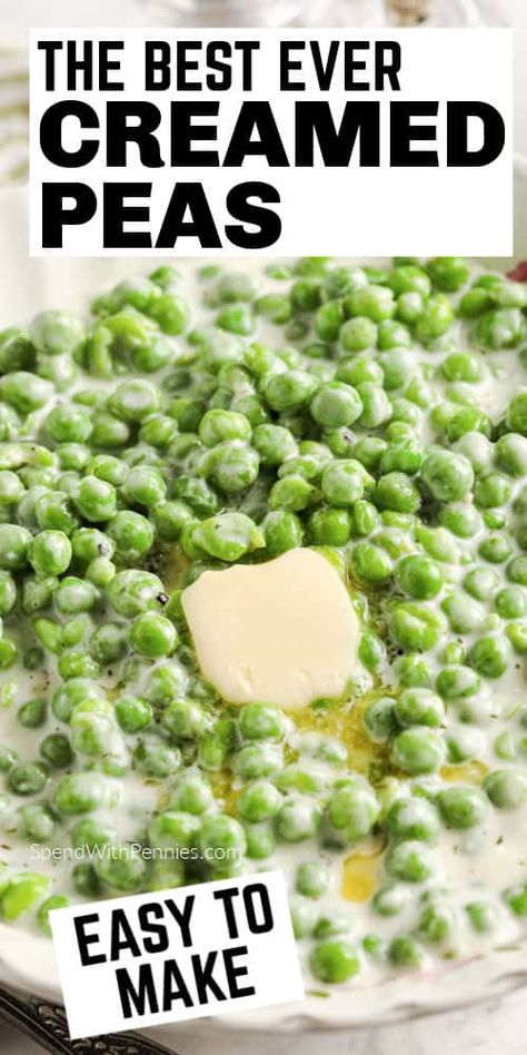 Sweet creamed peas are a delicious side dish that goes with any entree! And leftover creamed peas on toast is a breakfast worth waiting for! #spendwithpennies #creamedpeas #sidedish #recipe #homemade #best #peas #easy #sweet #creamy Creamed Peas And Potatoes, Green Peas Recipes, Creamed Peas, Thanksgiving Meal, Pea Recipes, Vegetable Side, Delish Recipes, Veggie Side Dishes, Vegetable Sides