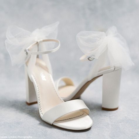 Open Toe Ankle Strap Tulle Bow Block Heels | Bella Belle Wedding Shoes Bride Bows, White Heels With Bow On Back, Bridal Shoes Open Toe, Wedding Heels Ribbon, Tulle Bow Heels, Modern Wedding Heels, Bow Heels White, Bridal Shoes With Bow, Wedding Shoes With Bows