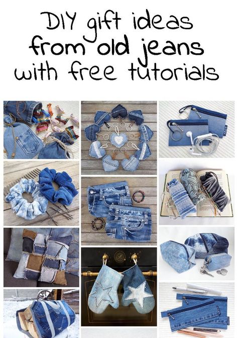 DIY gift ideas with free instructions. Eco gift ideas to make. Sewing patterns for small accessories. Sewing projects from old jeans. Repurposing Denim Jeans, Diy Jean Projects Ideas, Crafts With Jeans Diy, Upcycled Jeans Diy, Sewing Projects From Old Jeans, Stuff To Do With Old Jeans, Crafts Using Old Jeans, Things To Sew From Old Clothes, Old Jean Sewing Projects