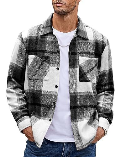 COOFANDY Men's Flannel Shirts Casual Button Down Plaid Shirt Jacket Long Sleeve Fleece Shacket with Pockets Mens Flannel Jacket, Mens Fall Outfits, Fleece Shacket, Plaid Print Shirt, Mens Plaid Flannel, Mens Clothing Brands, Shirt Jacket Men, Plaid Shirt Men, Plaid Shirts