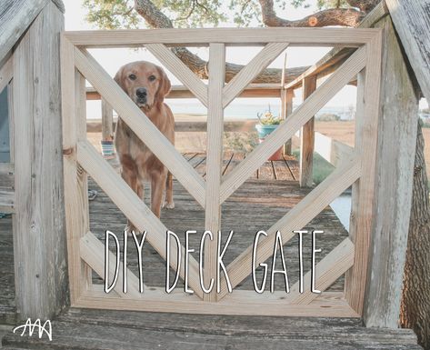 We love how this simple project turned out! It took us less than one afternoon and we now have two very happy puppies who get to spend extra time outside on the deck! Dog Gate Outdoor, Chevron Deck, Simple Gate, Building A Gate, Diy Gate, Porch Gate, Deck Gate, Front Door Paint, Outdoor Gate