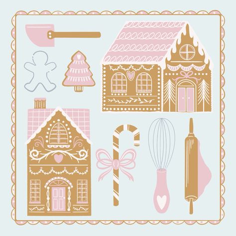 Pretty gingerbread illustration with houses, cookie cutters and baking tools. Available for art licensing. Food House Illustration, Gingerbread House Designs Drawing, Cute Gingerbread House Drawing, Christmas Gingerbread Illustration, Gingerbread Illustration Christmas, Ginger Bread Illustration, Painting Gingerbread Houses, Gingerbread Cookies Drawing, Christmas House Drawing