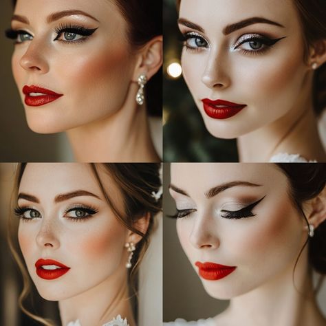 Bridal Make Up Red Lipstick, Elegant December Wedding, Gold Dress Makeup, Makeup Looks For Brides, Wedding Bride Makeup, Bridesmaid Looks, Festive Makeup, Wedding Makeup Ideas, December Wedding