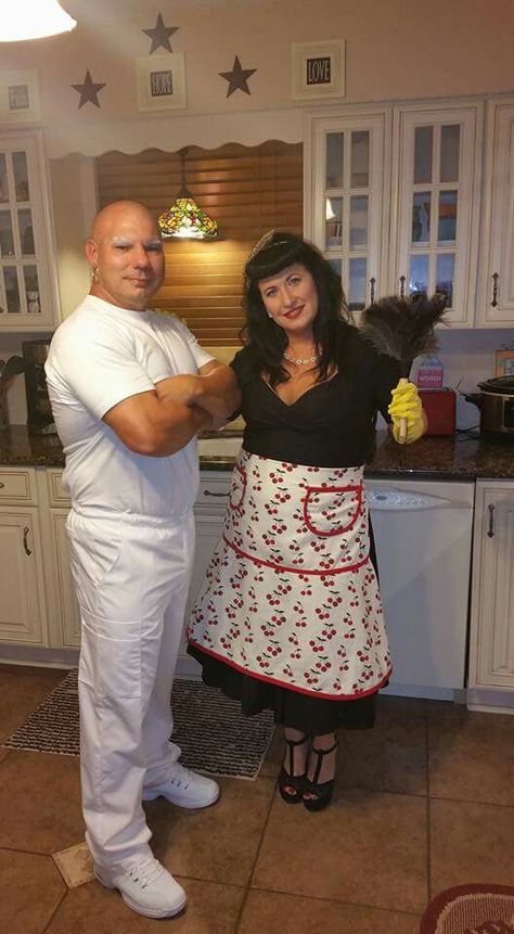 Couples Costume Mr. Clean and 1950's Housewife 50s Housewife Costume, Bald Guy Couples Costume, Bald Couple Costumes, Mr Clean Couples Costume, Bald Guy Halloween Costumes, Bald Costume Ideas, Mr Clean Costume, 1950s Halloween Costume, Housewife Costume