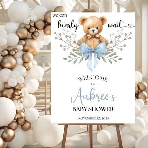 Baby Shower Decor Boy, Teddy Bear Baby Shower Decorations, Popular Baby Shower Themes, Baby Shower Garcon, Greeting Sign, Bow Baby Shower, Board Signs, We Can Bearly Wait, Bearly Wait