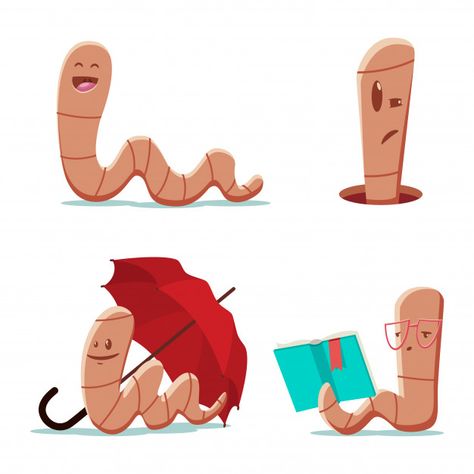 Cute cartoon worm with a book and an umbrella. illustration of a funny earthworm character set isolated on a white background. Premium Vector | Premium Vector #Freepik #vector #background #book #nature #character Cute Worm Illustration, Earthworm Illustration, Worm Drawing Cute, Worm Animation, Earthworm Drawing, Worms Illustration, Worm Character, Worm Illustration, Worm Cartoon