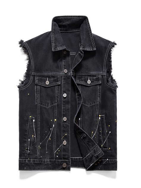 Black Casual  Sleeveless Denim Graphic Other  Non-Stretch  Men Denim Sleeveless Denim Jacket Outfit, Sleeveless Jacket Outfit, Vest Men Outfit, Sleevless Jacket, Denim Vest Men, Sleeveless Denim Jacket, Office Wears, Denim Outfit Men, Punk Jeans