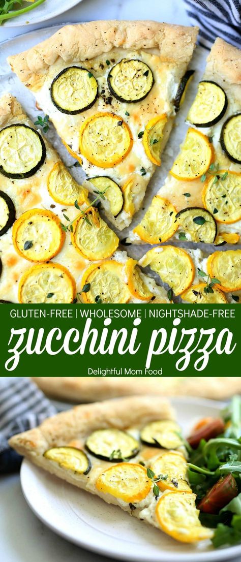 This white zucchini pizza is a beautiful composition of delicate goat cheese with summers finest zucchini squash topped on America’s favorite dish- pizza! Use a premade pizza dough to have this ready in 40 minutes or less! #zucchini #zucchinipizza #recipe #glutenfree #healthy #pizza #maindish #pie #entree #whitepizza | Recipe at Delightful Mom Food Tomato Free Pizza, Premade Pizza Dough, Zucchini Goat Cheese, Zucchini Pizza Recipes, White Pizza Recipes, Tomato Pizza, Goat Cheese Pizza, Zucchini Pizza, Fresh Zucchini