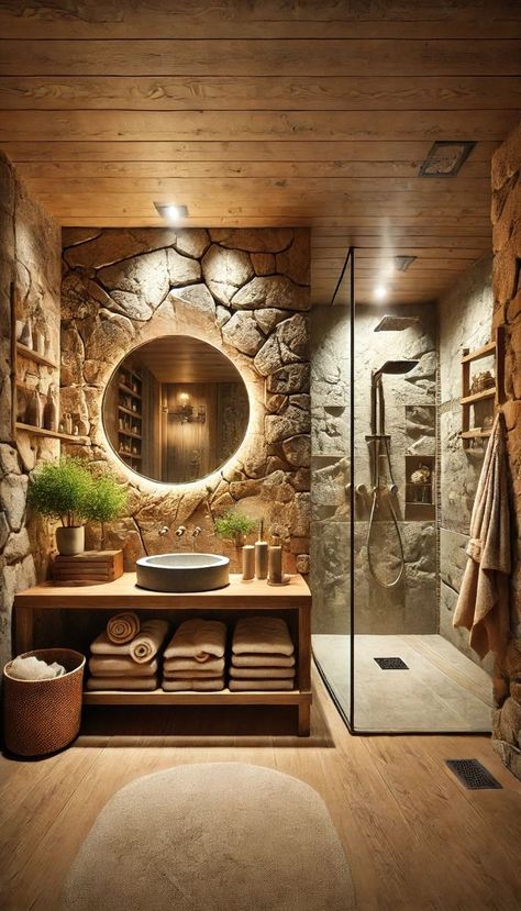 This bathroom exudes warmth and tranquility with its natural stone walls and wooden accents. The spacious shower and elegant round mirror create a spa-like atmosphere, while the earthy tones and lush greenery add a refreshing touch. Perfect for unwinding after a long day, this space combines functionality with a cozy, rustic charm. Stone Sink Bathroom Modern, Outdoor Shower Stone Wall, Cozy Rustic Bathroom, Bathroom Stone Sink, Bathroom With Stone Wall, Natural Stone Wall Interior, Bathroom Ideas Stone, Rustic Stone Bathroom, Rustic Shower Ideas Bathroom