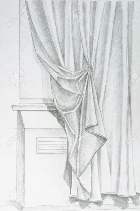 Easy Realistic Drawings, Drapery Drawing, Curtains Vector, Curtain Drawing, Scarf Photography, Melting Heart, Classic Curtains, Window Drawing, Ink Artwork