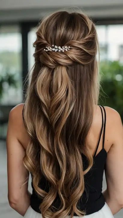 Down-to-Earth Bridesmaid Hairstyles: 15 Ideas to Shine - TecArticles Simple Wedding Hairstyles Blonde, Bridesmaid Hairstyles Half Up Bun, Bridesmaid Hairstyles Half Up Half Down Long Hair, Half Up Half Down Bridesmaid Hair Brunette, Whimsical Bridesmaid Hair, Curly Bridesmaid Hairstyles Down, Bridesmaid Long Hairstyles, Side Part Bridal Hair, Wedding Hairstyles Loose Curls