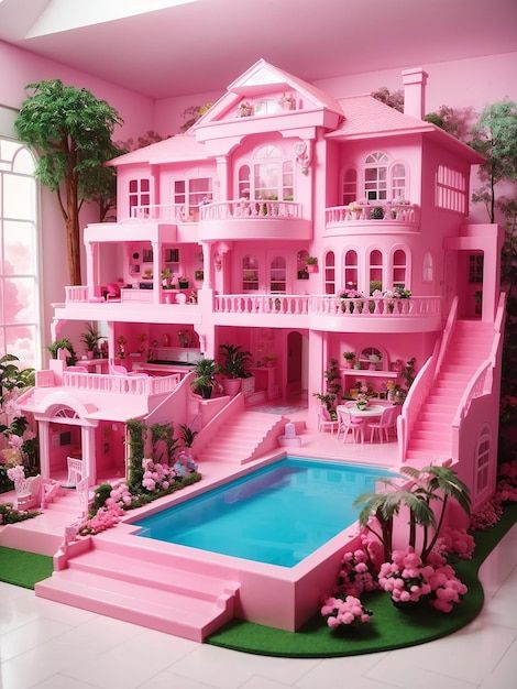 Barbie Dream House Cake Ideas, Playroom With Barbie Dream House, Barbie’s Dream House, Barbie Dream House Layout, Pink Barbie House, Barbie Playroom, Barbie Room Ideas, Barbie Themed Room, Barbie Doll Bedroom