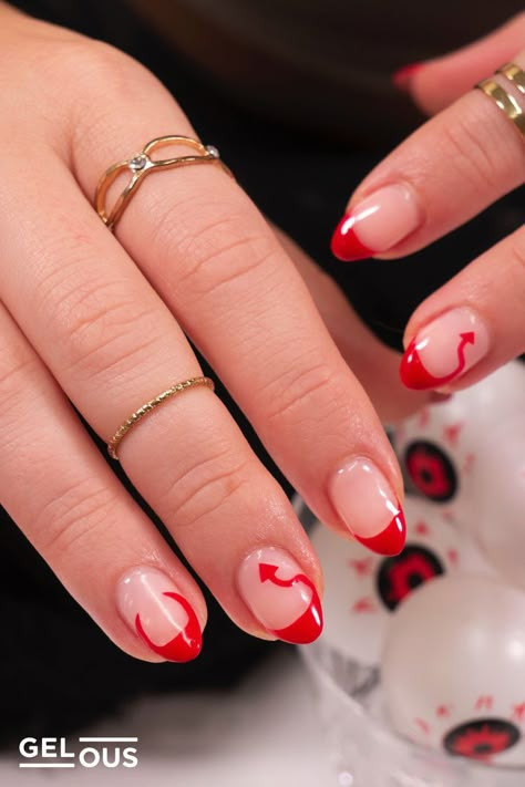 Gelous red devil tips gel nail polish art - photographed on model Gel Nail Art Tutorial, Red French Tips, Nail Polish Tutorial, Simple Fall Nails, Red Nail Art, Gel Polish Nail Art, Polish Art, Gel Nails Diy, Simple Gel Nails