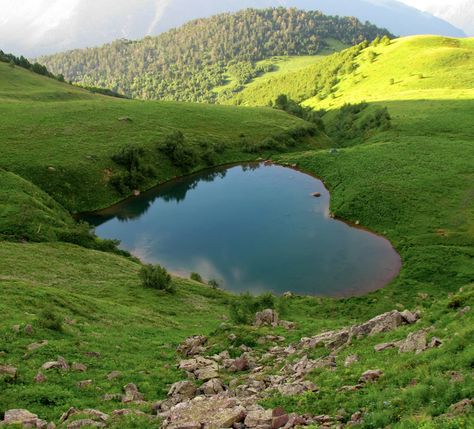 Arkhyz, lake in the form of a heart | landscape, nature , lake, mountain, Arkhyz, grass, heart, sunny, stones, hills Green Field, Breath Of The Wild, Beautiful Heart, Nature Aesthetic, Pretty Places, Green Aesthetic, Amazing Nature, Adventure Time, Beautiful World