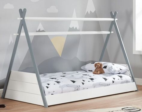 Grey Wooden Bed Frame, Unique Kids Beds, Grey And White Bedding, Toddler Bed Boy, Childrens Teepee, Pine Bedroom Furniture, Teepee Bed, Ideas Habitaciones, Kids Bed Frames