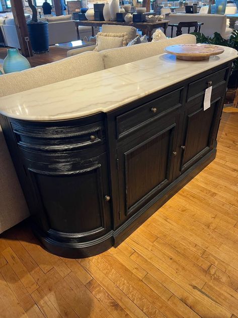 Love the marble top and the black - slightly too traditional below marble Sideboard Marble Top, Marble Top Buffet, Marble Top Sideboard, Buffet Cabinet, The Marble, Sideboard Console, French Furniture, Stone Top, Faux Marble