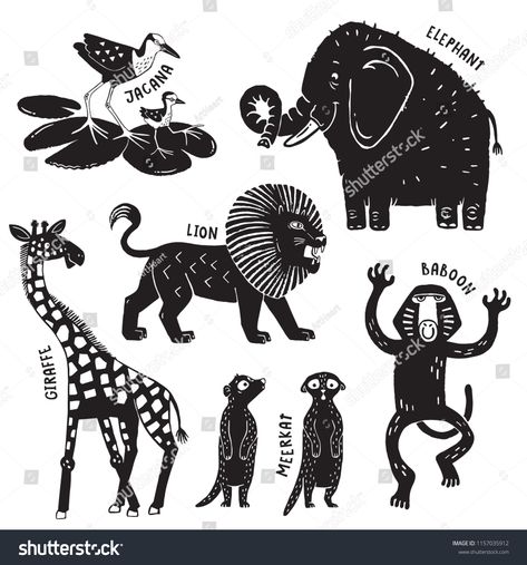 A set of African animals printed in a rough stamped style like a woodcut print - Giraffe, Elephant, Jacana, Lion, Baboon and Meerkats. Vector ilustration. #Ad , #affiliate, #stamped#rough#woodcut#style Tshirt Print Ideas, Block Print Ideas, Illustration Art Kids, Jungle Room, Black And White Illustrations, Mug Ideas, Linocut Art, Woodcuts Prints, Vector Sketch