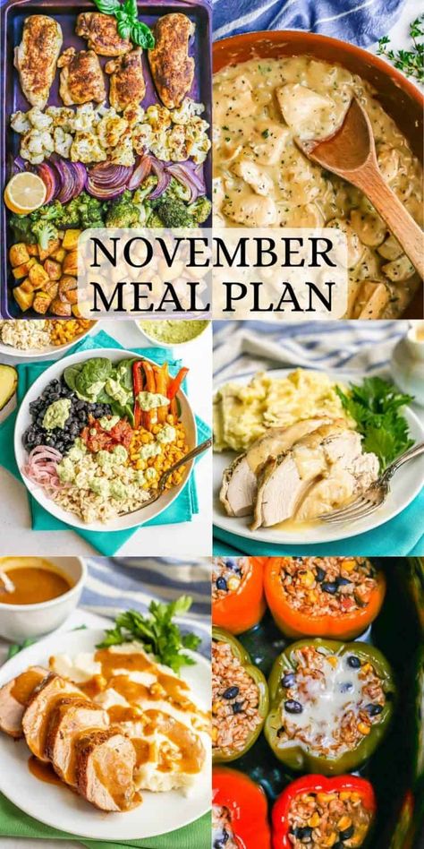 This November meal plan has a full month of ideas for easy, homemade family-friendly dinners. Includes a free printable PDF calendar with each day’s menu idea for easy planning. Family Menu Planning Dinners, Easy Weeknight Menu Weekly Meal Plans, 30 Day Dinner Menu Families, We Meal Plan, Family Food On The Table, Weeknight Menu Plan, November Monthly Meal Plan, Winter Meal Planning, Healthy Meals For A Month Menu Planning