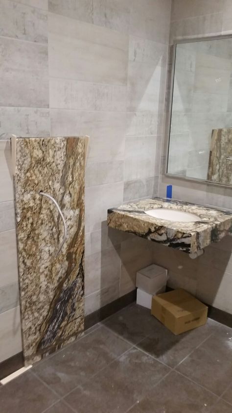 Supreme Granite floating vanity top and backsplash for hand dryer. Hand Dryer, Granite Countertop, Floating Vanity, Vanity Top, Granite Countertops, Backsplash, Countertops, Floating, Vanity