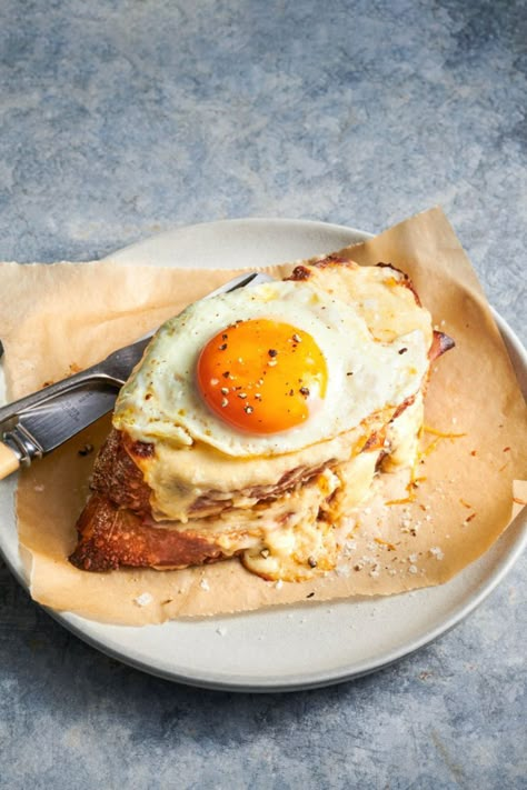 This is one of our best brunch recipes. Filled with layers of ham, cheese and crispy toast, it's a perfect brunch for two. Find this and more egg brunch recipes at dish.co.nz Madame Croque, Croque Madame Recipe, Breakfast Menu Ideas, Grilled Cheese Panini, Breakfast Photos, Breakfast Vibes, Breakfast Food Photography, Lite Meals, Burger Bread