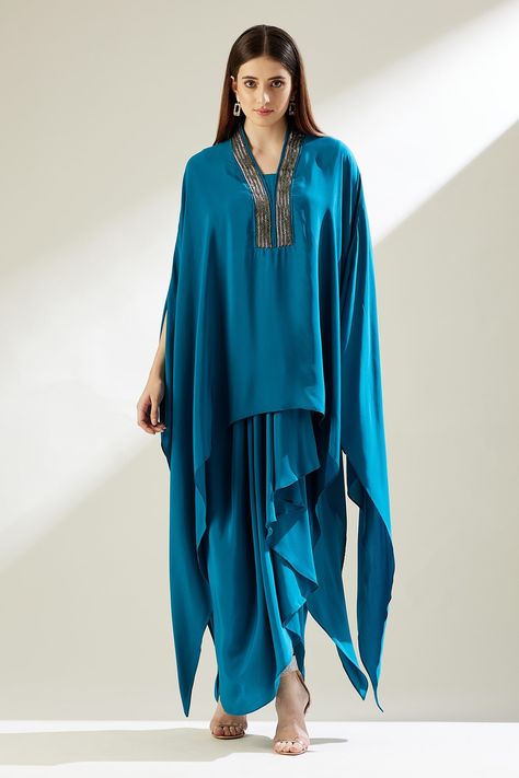 Shop for these amazing collections of Blue Silk Crepe Embroidery Bead Asymmetric Tunic And Draped Skirt Set For Women by Aakaar online at Aza Fashions. Tunic With Pants, Asymmetric Tunic, Dhoti Pants, Draped Skirt, Power Dressing, Pattern Embroidery, Embroidered Neckline, Marine Blue, Abaya Fashion