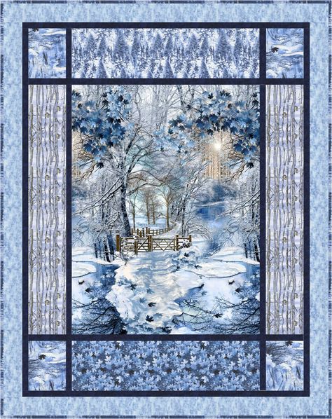 Scenic Snowfall-osie                                                                                                                                                                                 More Landscape Quilting, Attic Window Quilts, Wildlife Quilts, Making A Quilt, Moon Quilt, Panel Quilt Patterns, Panel Ideas, Cactus Fabric, Fabric Panel Quilts