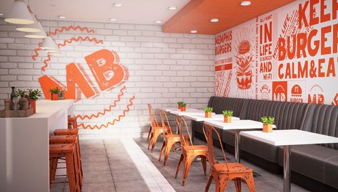 Memphis Burger Fast food cafe in Astana on Behance Small Burger Shop Design, Burger Bar Design, Fast Food Shop Design, Resturant Interior Design, Fast Food Restaurant Design, Orange Restaurant, Restaurant Seating Design, Restaurant Booth Seating, Food Court Design