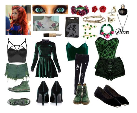 "Dc: Poison Ivy" by cartoonvillian ❤ liked on Polyvore featuring Topshop, Halftone Bodyworks, Rock 'N Rose, Bling Jewelry, OneTeaspoon, ValfrÃ©, Pull&Bear, Alkemie, Yves Saint Laurent and Converse Poison Ivy Inspired Outfit, Poison Ivy Outfit, Forest Green Pants, Dc Poison Ivy, Ivy Clothing, Poison Ivy Costume, Green Pants Outfit, Poison Ivy Costumes, Outfit Inspired