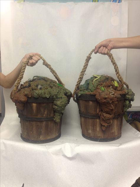 Swamp bucket props for Shrek to carry in Shrek the Musical Shrek House Inside, Shrek Props Diy, Shrek Jr Props, Shrek The Musical Props, Painted Plastic Pots, Shrek House, Christmas Shrek, Shrek Decor, Shrek Decorations