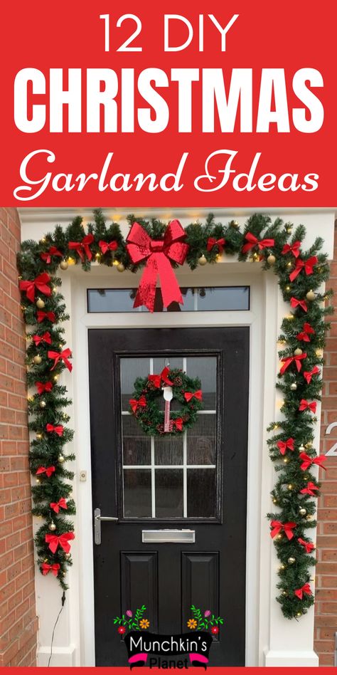 Check out these inspiring DIY Christmas Garland Ideas for the staircase, front door, and fireplace mantel to add festive cheer to your home. #christmasdecor #garland #diydecor Simple Christmas Garland Front Porch, Tinsel Garland Front Door, Garland On One Side Of Door, Outdoor Door Garland Christmas, How To Decorate Front Door Entrance For Christmas, Garland Around Door Frame Outside, Front Door Garland Ideas, Christmas Tinsel Garland Ideas, How To Hang Garland Around Front Door