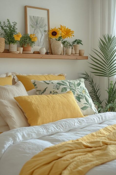 Yellow And Green Room Ideas, Yellow And White Room Ideas, Small Yellow Bedroom Ideas, Boho Design Bedroom, Yellow Aesthetic Room Ideas, Yellow Decor Aesthetic, Sunny Room Ideas, Sun Inspired Room, Bedroom Ideas Yellow Walls