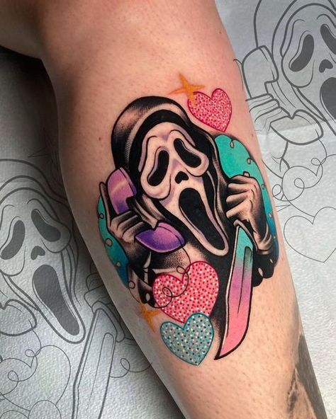 Ghost Face Tattoo, Horror Tattoo Ideas, Horror Sleeve, Halloween Tattoos Sleeve, Horror Tattoos, Horror Movie Tattoos, Movie Tattoo, Movie Tattoos, Scary Tattoos