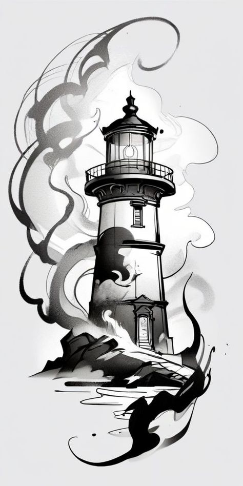 Lighthouse Tattoo Neotraditional, Nautical Tattoo Ideas, Black Work Tattoo Design, Lighthouse Tattoo Design, Tattoo Lighthouse, Beautiful Spine Tattoos, Black Work Tattoo, Lighthouse Drawing, Biblical Tattoos