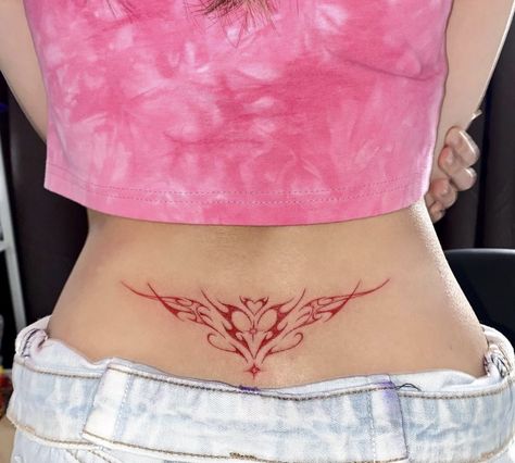 Small Hip Tattoo Ideas, Lower Back Tattoos For Women Unique, Abdominal Tattoos Women, Pretty Tramp Stamp Tattoos, Red Heart Tattoos, Tramp Stamp Tattoos, Waist Tattoos, Pink Tattoo, Red Ink Tattoos