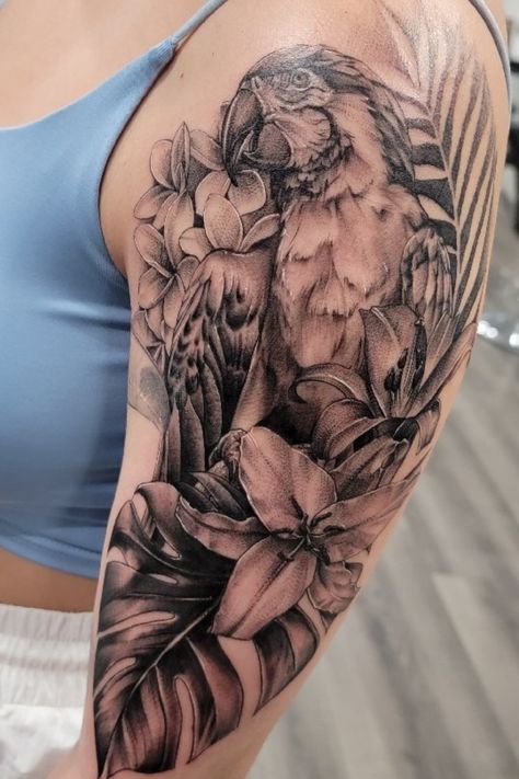 Credit to; alexandrianortiz Jungle Tattoo Sleeve, Jungle Tattoo Ideas, Jungle Tattoo, Unique Tattoo Ideas, Neck Tattoos Women, Neck Tattoos, Sleeve Ideas, Tattoos Women, Sleeve Tattoos For Women