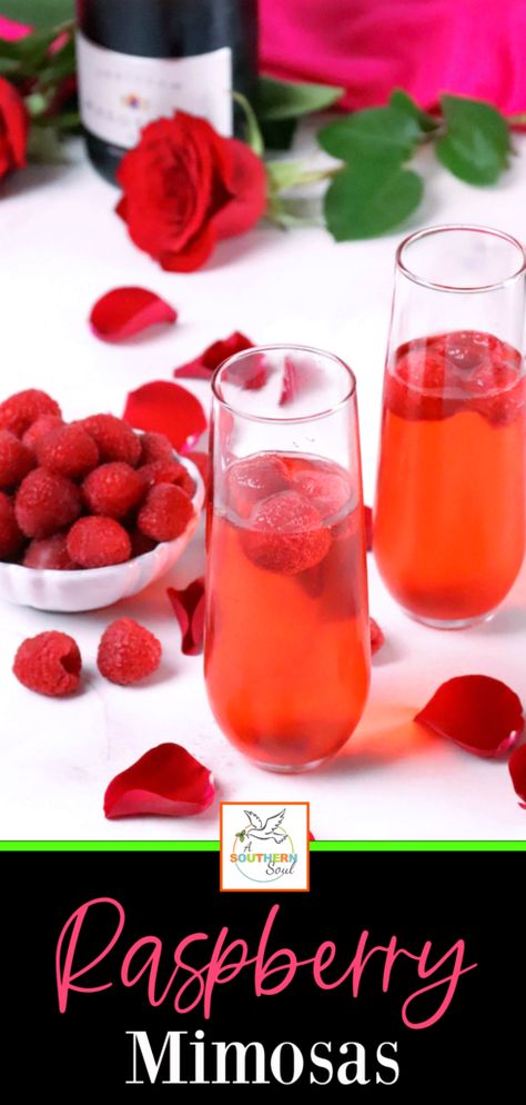 Raspberry Mimosas made with fresh berries, raspberry sorbet, grenadine and prosecco made a festive drink for any occasion! Mocktail Mimosa, Raspberry Mimosa, Mimosa Brunch, A Southern Soul, Special Drinks, Champagne Cocktails, Mimosa Recipe, Prosecco Cocktails, Classic Cocktail Recipes