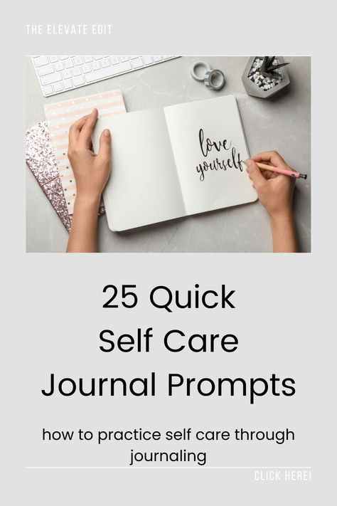 Looking for an easy way to practice self care? Here are 25 self care journal prompts that take less than 5 minutes. Use these journaling ideas as part of your daily routine to boost your selfesteem and show yourself some love. #selfcare #journalprompts #journaling #selfcareroutine Selfcare Journal Prompts, Selfcare Journal Ideas, Scripting Prompts, Journal Prompts For Personal Growth, Self Care Journal Prompts, Prompt Journal, Self Discovery Journal Prompts, Prompts For Self Discovery, Self Discovery Journal