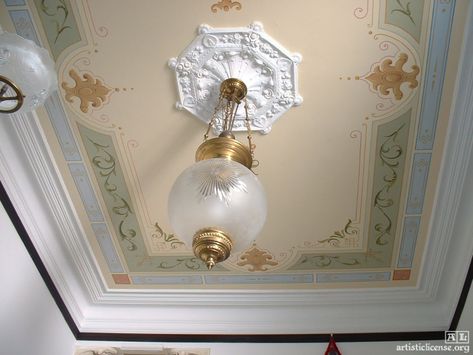 Victorian Painted Ceiling – Artistic License Victorian Lights Ceiling, Victorian Painted Ceilings, Painted Ceiling Rose, Victorian Stairway, Victorian Interior Design 19th Century, Victorian Ceiling Design, Home Decor Ideas Paint, Victorian Ceiling, Ceiling Mural