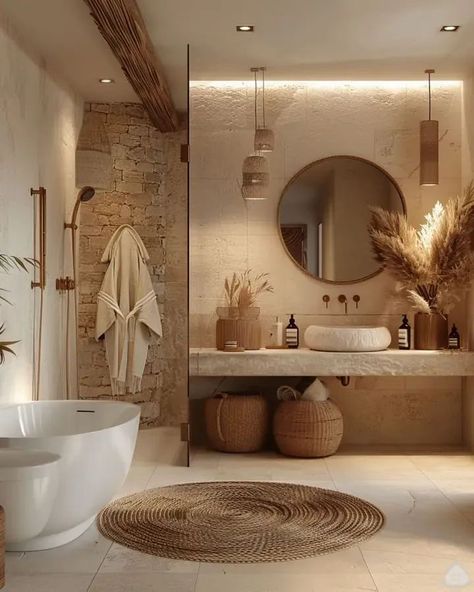 Modern Bali House Interiors, Boho Bathroom Aesthetic, Bali Style Bathroom Ideas, Bathroom Bali Style, Bali Inspired Bathroom, Bali Bathroom Ideas, Bali Style Bathroom, Bali Bathroom, Deco Bali