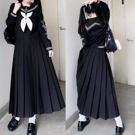 Material: TRColor: Black WhiteOption: Long sleeve blouse + bow, One set (Long sleeve top+bow+80CM skirt), Kind Note: This link includes several options, you can purchase item separately, but a whole set will enjoy more favorable price:) Surely, if you purchase a whole set, you can have different sizes for top and skirt Sukeban Fashion, Goth School Uniform, School Uniform Long Skirt, Tokyo Clothes, Black School Uniform, Japanese Uniform, School Uniform Outfits, Long Skirt Outfits, Japanese Outfits