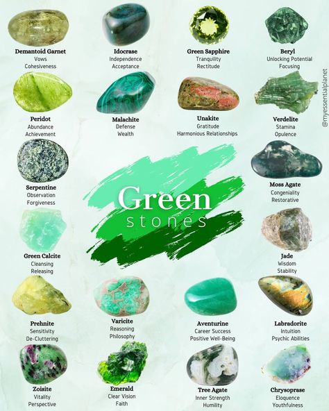 My Crystal Planet (@mycrystalplanet) posted on Instagram: “Green crystals & their meanings! ♥️💗🔮 Bookmark and tag a crystal lover! Artwork : @mycrystalplanet Follow us : @mycrystalplanet . . . .…” • Sep 7, 2021 at 7:58pm UTC Pretty Gemstones, Crystal Planet, Crystal Spiritual, Crystal Wedding Dress, Demantoid Garnet, Crystals Healing Properties, Tree Agate, Crystal Therapy, Witch Stuff