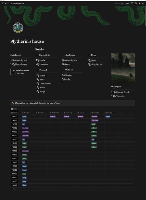 #notion #minimalist #productivity #study #template #green #dark #slytherin #harrypotter #severussnape #deatheaters #snake Notion Minimalist, Productivity Study, Template Green, Slytherin Aesthetic, Study Board, Dashboard Template, Notion Template, Green Dark, My Profile