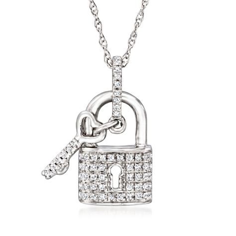 Ross-Simons - Diamond-Accented Lock, Heart Key Pendant Necklace in 14kt White Gold. 20". Sparkling styles are the key to a more intriguing layered look! Make yours stand out with our dazzling diamond-accented lock and heart key pendant necklace, crafted in shiny 14kt white gold. Suspends from a rope chain. Springring clasp, diamond-accented lock and heart key pendant necklace. Diamond birthstones are the perfect gift for April birthdays. Pendant Necklace Diamond, Key Pendant Necklace, Fine Jewelery, Diamond Birthstone, Heart Key, Gold Sign, Lock Necklace, Necklace Diamond, Heart And Key