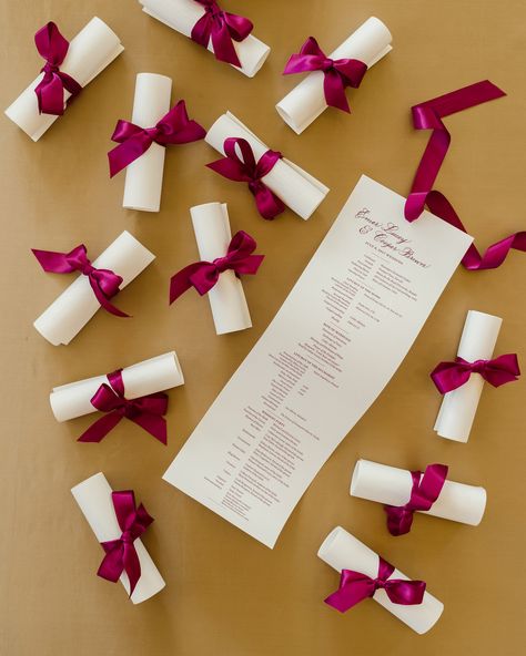 Programs, also designed by Michael McCormick, were printed in dark red ink and rolled up as scrolls, tied up in a satin ribbon to match. Wedding Scroll, Traditional Weddings, Wedding 2025, Wisconsin Wedding, Red Ink, Classic Wedding, Wedding Programs, Wedding Favours, Traditional Wedding