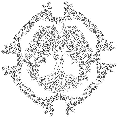 Celtic Tree Of Life Drawing, Tree Of Life Coloring Pages, Viking Coloring Pages, Art Coloring Pages For Adults, Celtic Tree Of Life Coloring Pages, Celtic Oak Tree, Yddrasil Tree, Celtic Coloring Pages, Celtic Knot Coloring Pages