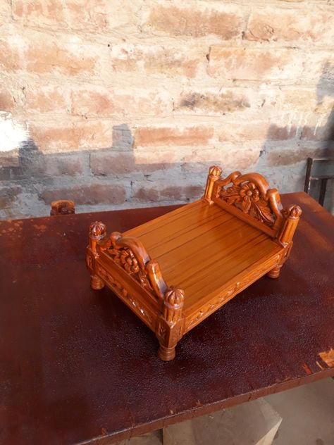 Krishna bed Pooja Chowki, Laddoo Gopal, Wooden Temple For Home, Wooden Cradle, Wooden Temple, Krishna Temple, Brick Detail, Bed Design Modern, Pooja Room Design