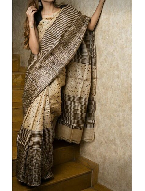 Murshidabad Silk Sarees, Block Print Tussar Silk Saree, Elegant Sarees, Indian Sari Dress, Silk Sarees Online Shopping, Block Print Saree, Cotton Saree Designs, Indian Silk Sarees, Silk Saree Blouse Designs