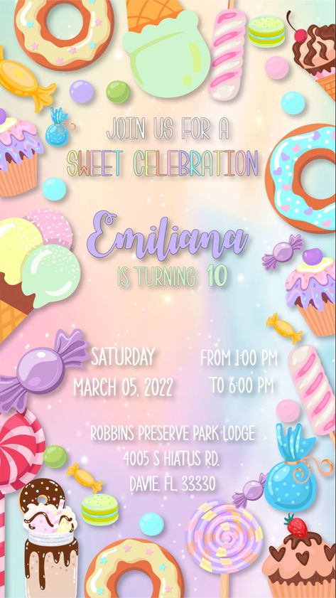 We make a beautiful dessing for invitations Candy Land Invitation Template, Candyland Invitations Templates, Candy Land Invitation, Candyland Invitations, Weston Florida, 5 Birthday, Candyland Party, Candy Theme, Candy Land Theme